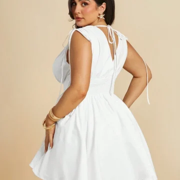 Plus Size V-Neck Drawstring Puffy Mini Dress 2