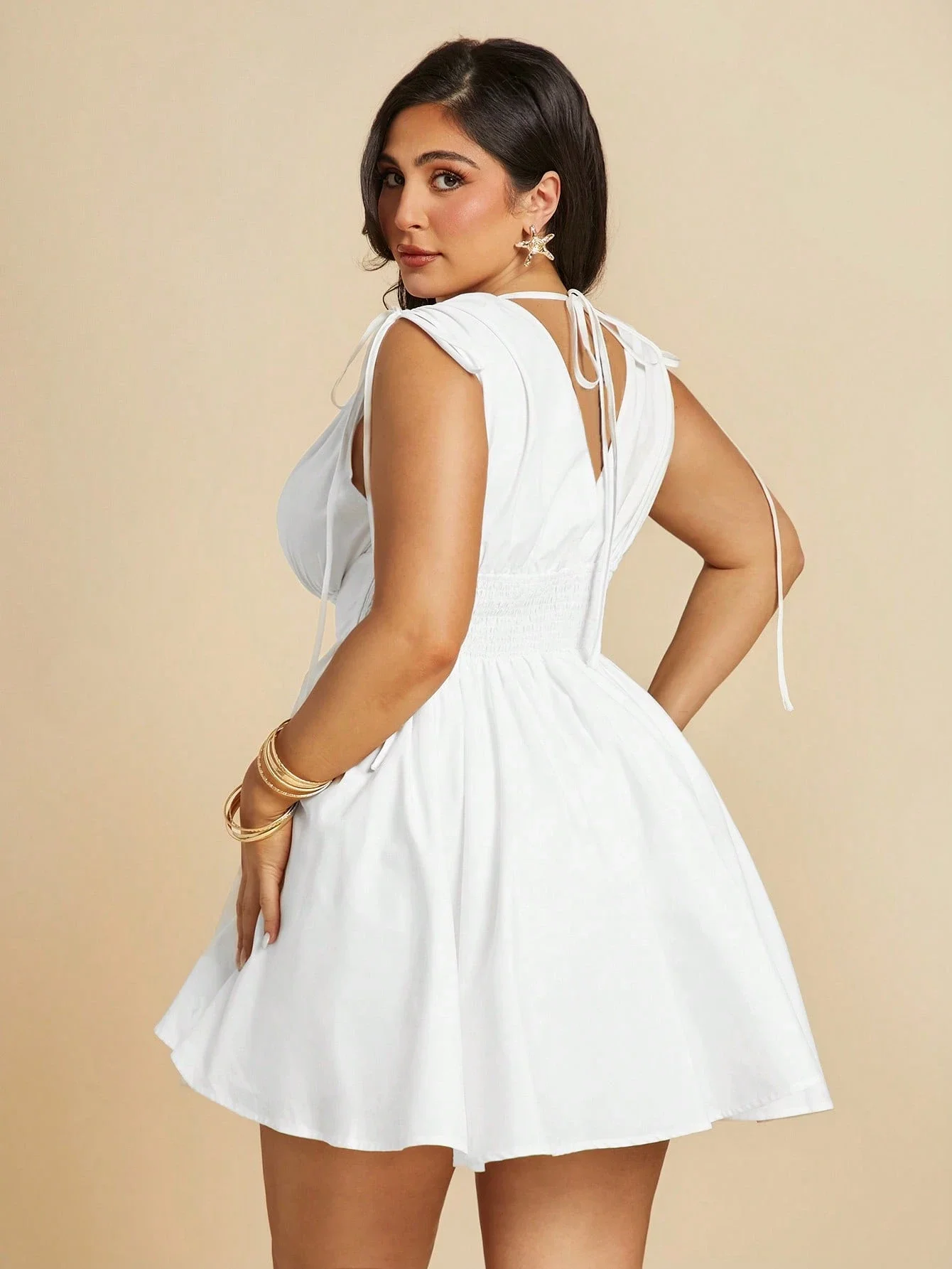Plus Size VNeck Drawstring Puffy Mini Dress 2 | PricZone Plus Size V Neck Drawstring Puffy Mini Dress 2 | PricZone