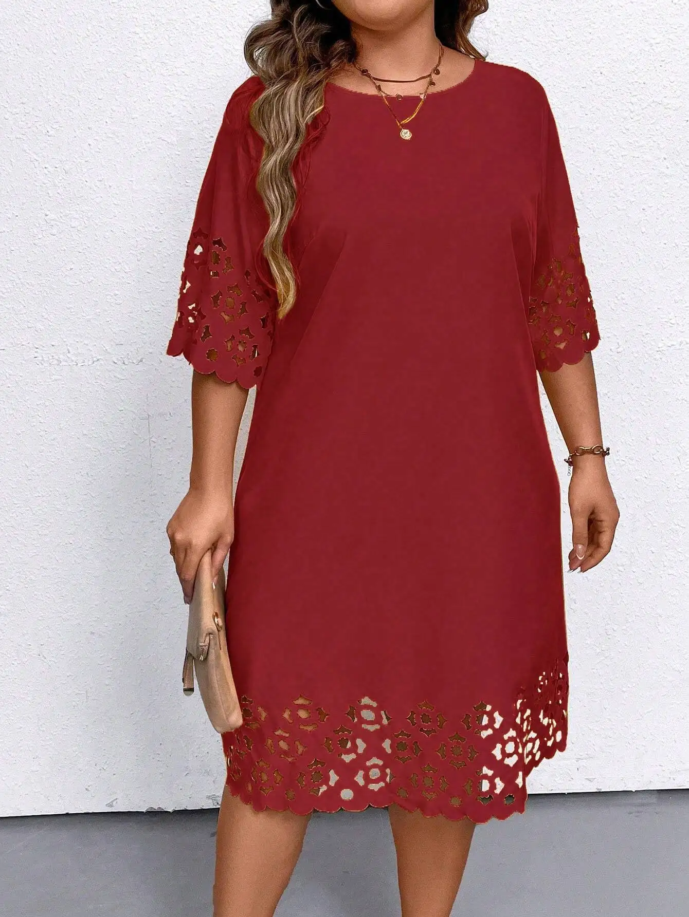 Plus Size Burgundy Hollow Out Summer Dress 2 | PricZone Plus Size Burgundy Hollow Out Summer Dress 2 | PricZone