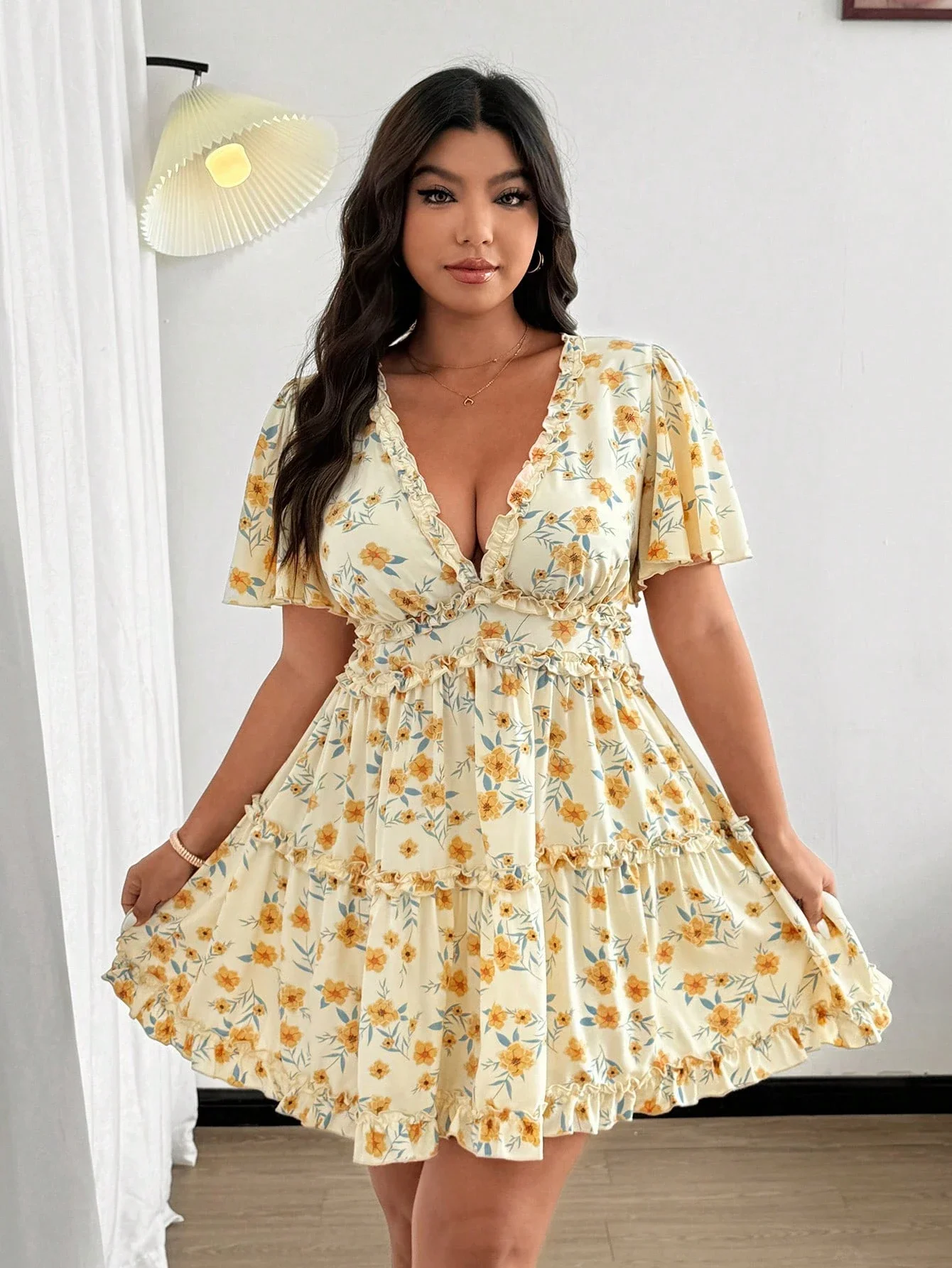 Plus Size Women Summer Chiffon Floral Ruffle Sleeve Mini 1 | PricZone Plus Size Women Summer Chiffon Floral Ruffle Sleeve Mini 1 | PricZone