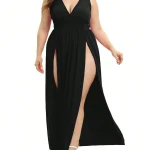 Plus Size Women Solid Color Swing Party Dress 2 | PricZone Woman wearing a black sleeveless V neck maxi dress with a fitted waist and two front thigh high slits paired with white sandals | PricZone