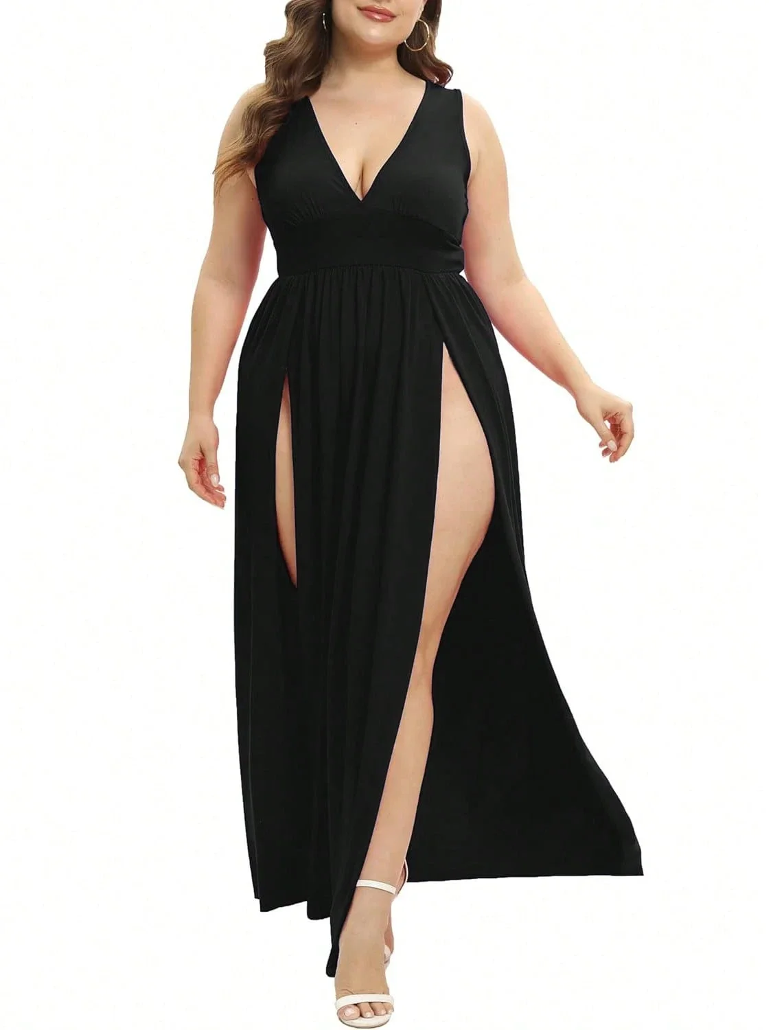 Plus Size Women Solid Color Swing Party Dress 2 | PricZone Woman wearing a black sleeveless V neck maxi dress with a fitted waist and two front thigh high slits paired with white sandals | PricZone