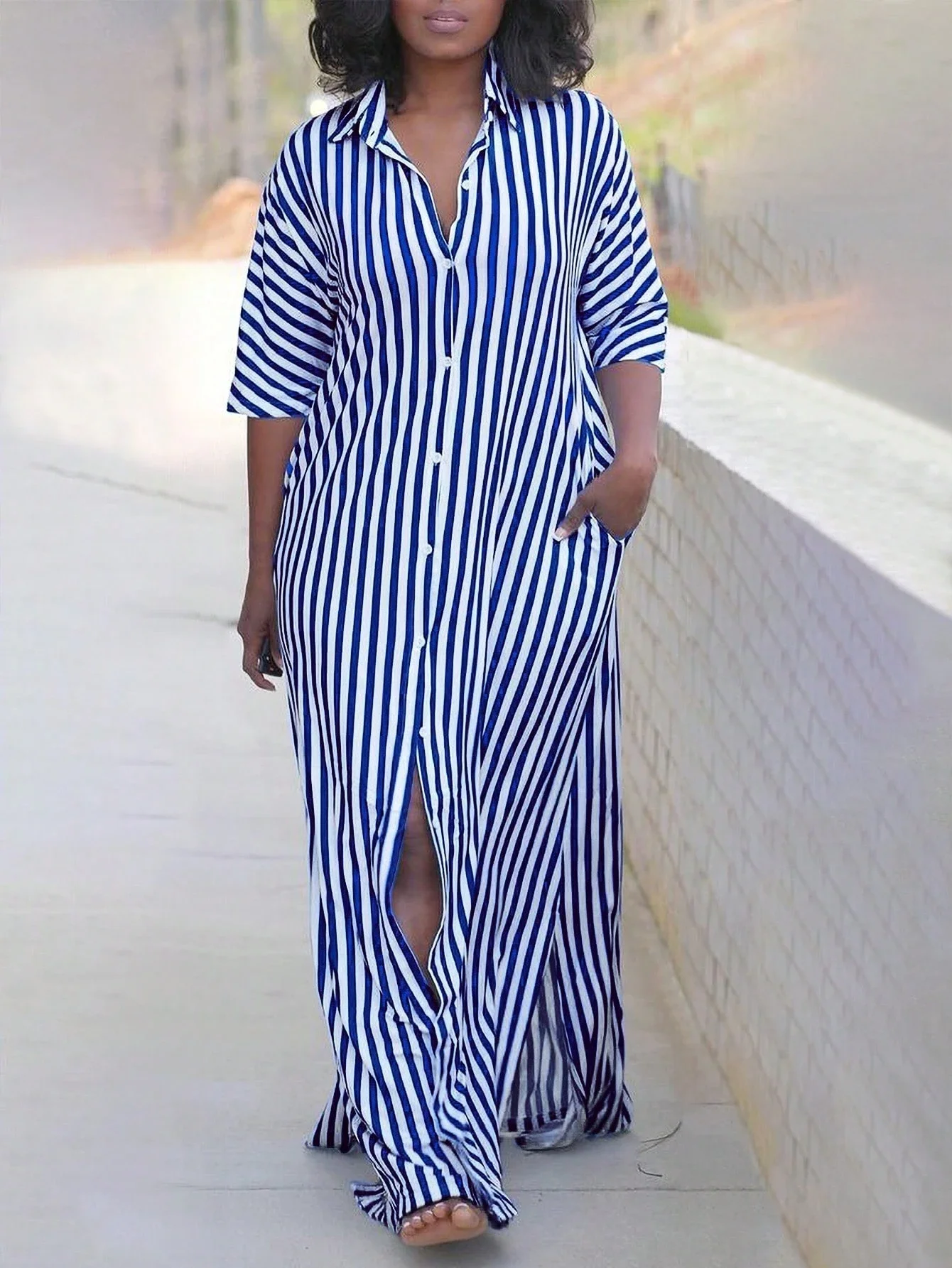 Plus Size Striped Shirt Dress with Side Slit 4 | PricZone Plus Size Striped Shirt Dress with Side Slit 4 | PricZone