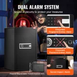 Black safe with a red alert light a masked intruder in the background and panels showing fingerprint and password entry with orange warning banners as part of a dual alarm system promo | PricZone