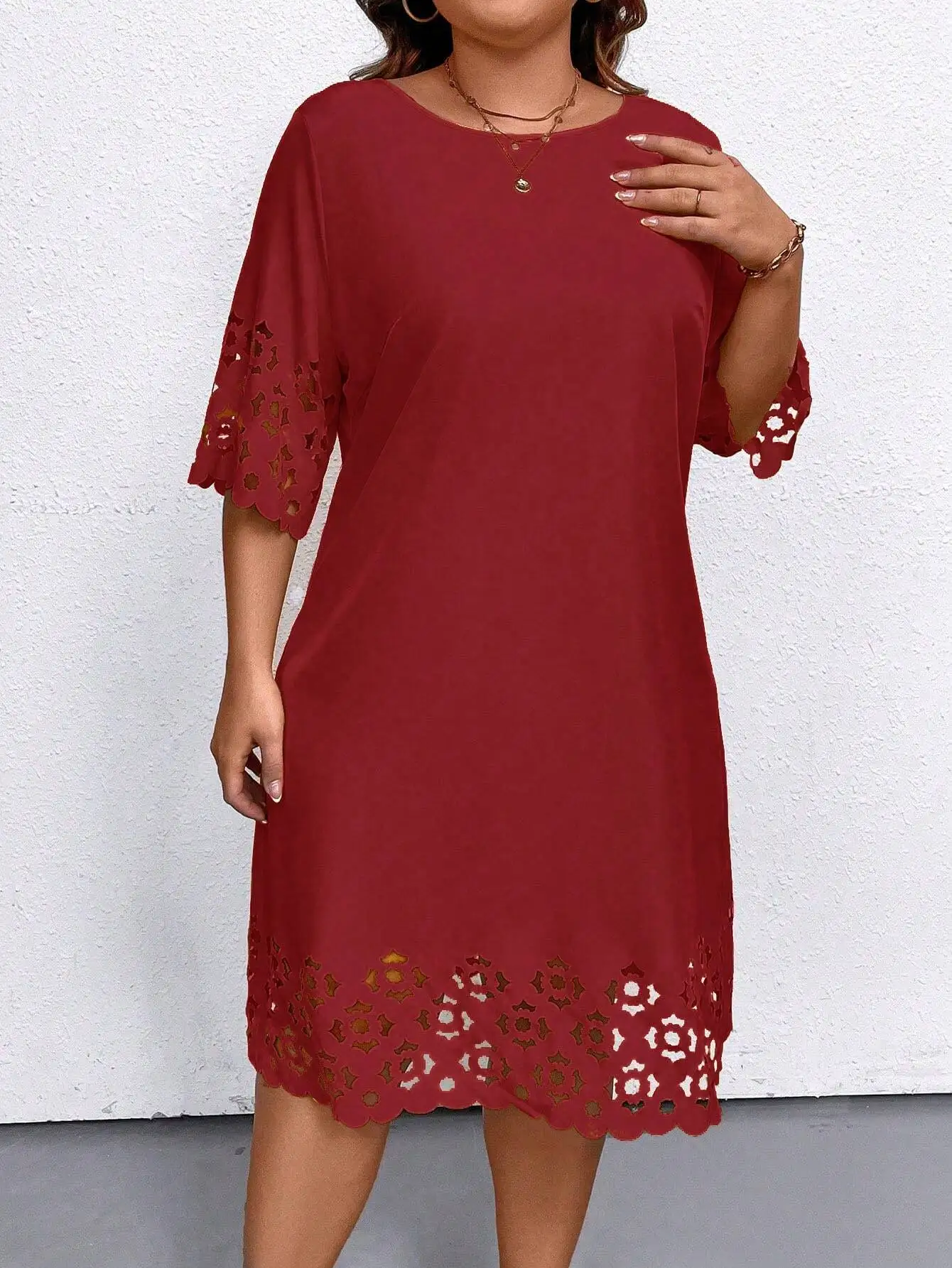 Plus Size Burgundy Hollow Out Summer Dress 1 | PricZone Plus Size Burgundy Hollow Out Summer Dress 1 | PricZone