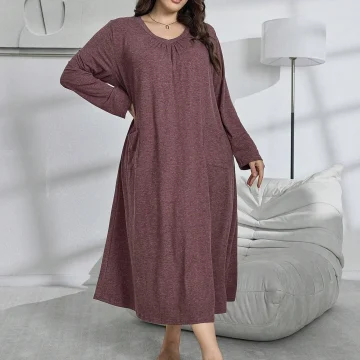 Plus Size V-Neck Long Sleeve Pleated Sleep Dress 2