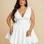 Plus Size VNeck Drawstring Puffy Mini Dress 3 | PricZone Plus Size V Neck Drawstring Puffy Mini Dress 3 | PricZone
