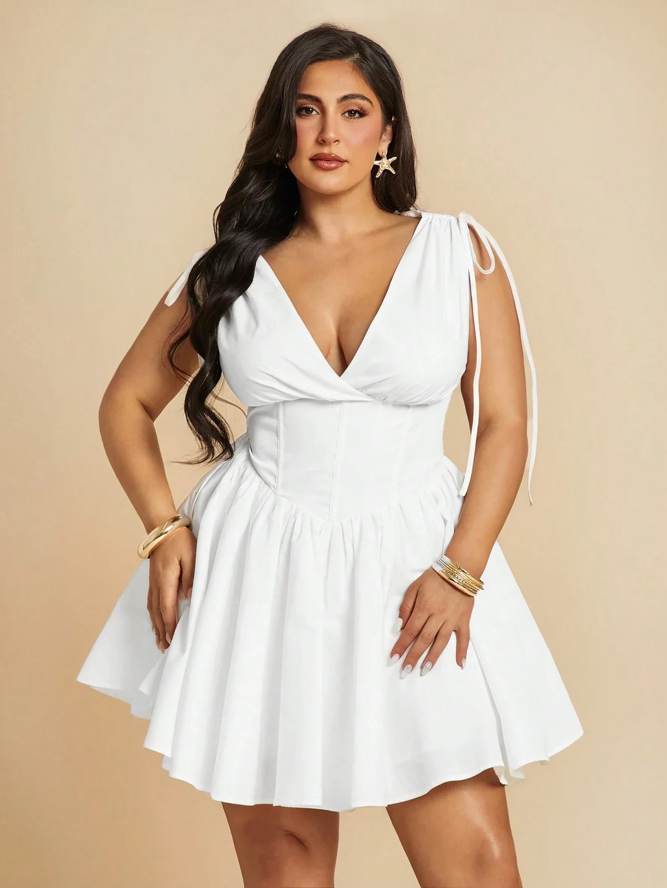 Plus Size VNeck Drawstring Puffy Mini Dress 3 | PricZone Plus Size V Neck Drawstring Puffy Mini Dress 3 | PricZone