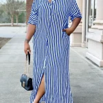 Plus Size Striped Shirt Dress with Side Slit 2 | PricZone Plus Size Striped Shirt Dress with Side Slit 2 | PricZone
