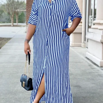 Plus Size Striped Shirt Dress with Side Slit 2