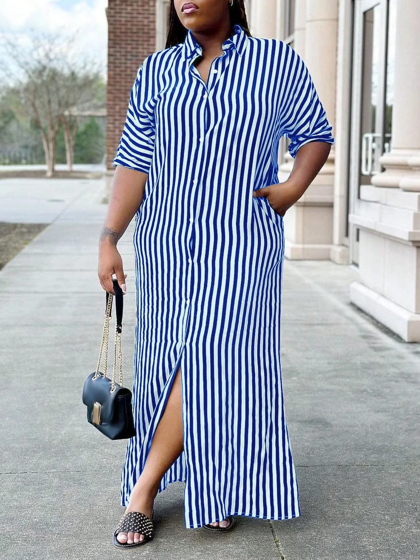 Plus Size Striped Shirt Dress with Side Slit 2 | PricZone Plus Size Striped Shirt Dress with Side Slit 2 | PricZone