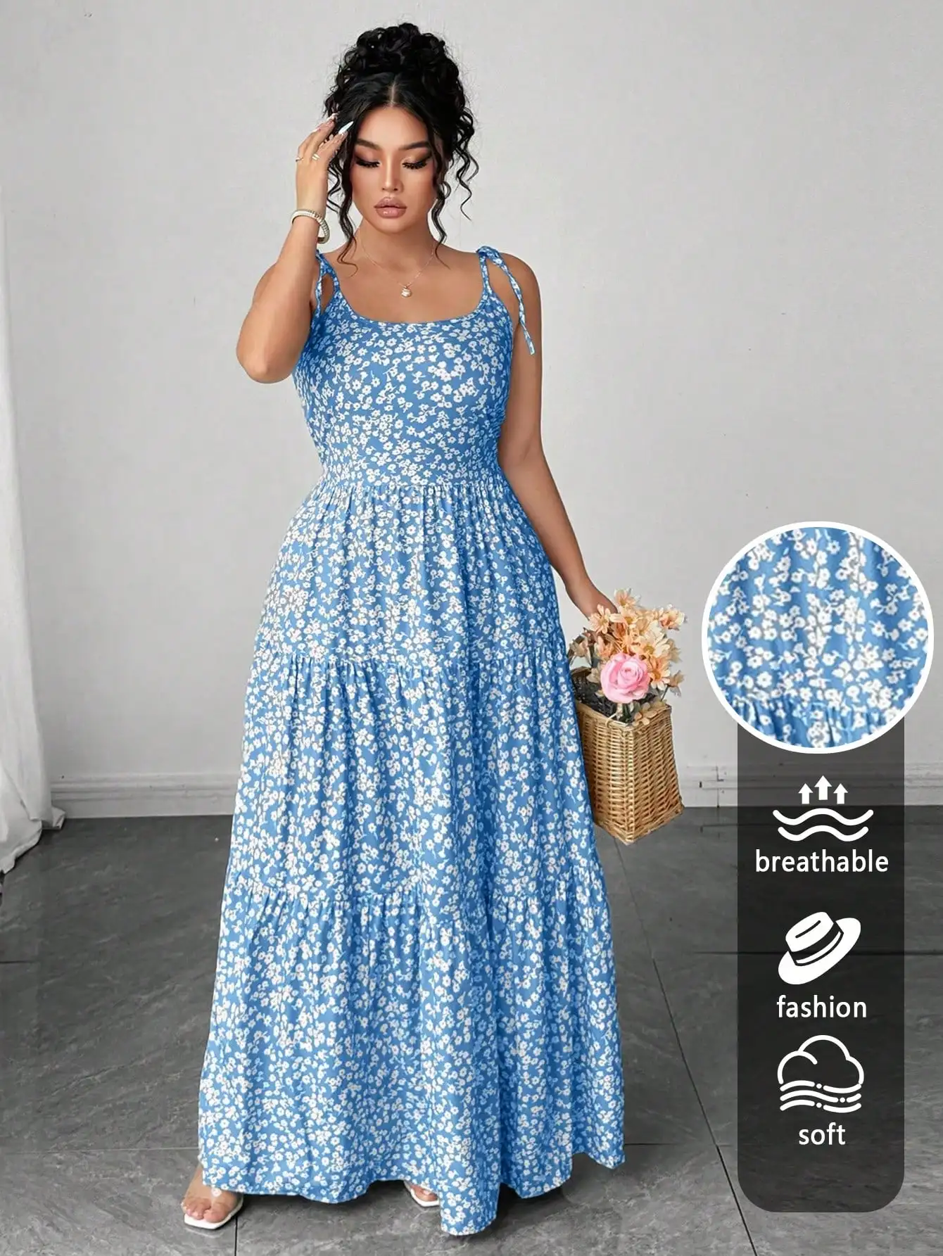 Light Green Tiny Floral Tiered Maxi Dress with Tie Shoulder 5 | PricZone Light Green Tiny Floral Tiered Maxi Dress with Tie Shoulder 5 | PricZone
