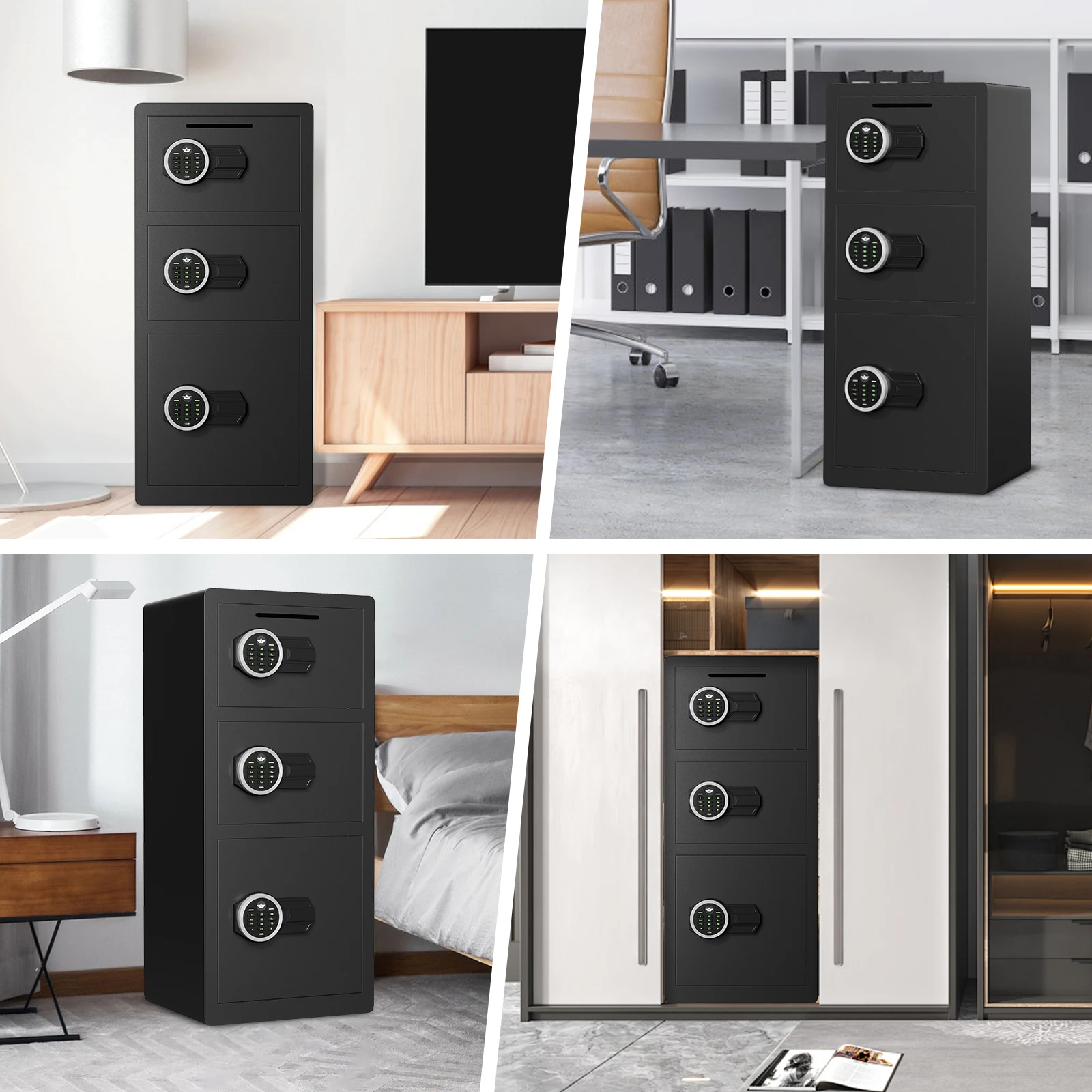 0 Cub Extra Large Home Safe Box Fireproof Waterproof 6 | PricZone Collage of black upright safes with digital keypads placed in living room office bedroom and closet settings | PricZone