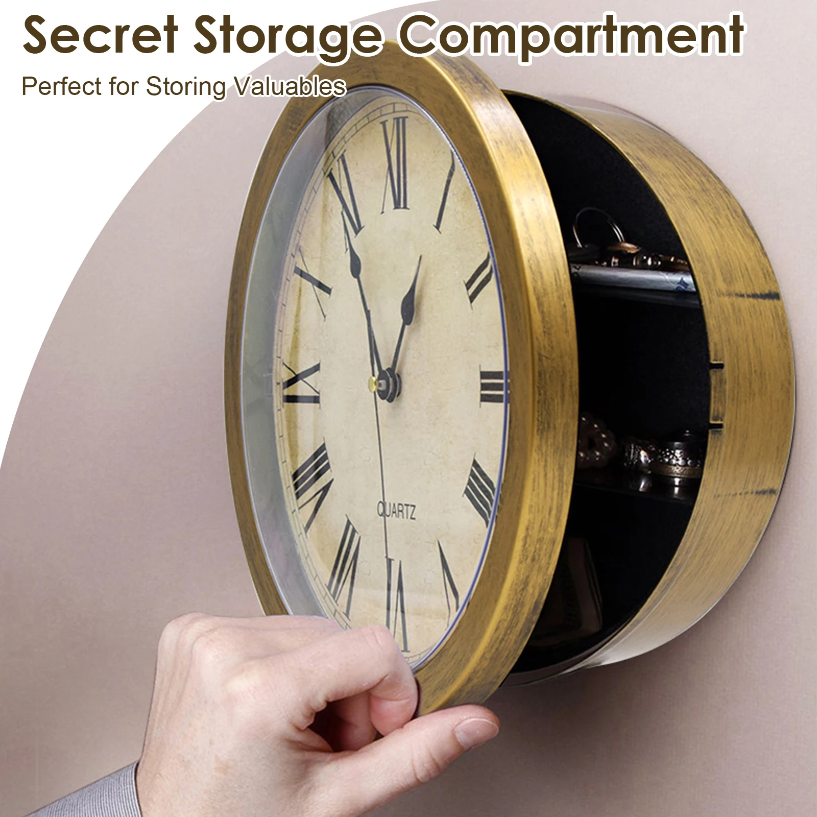 Round gold safe with a clock-face front being opened to reveal a hidden valuables compartment