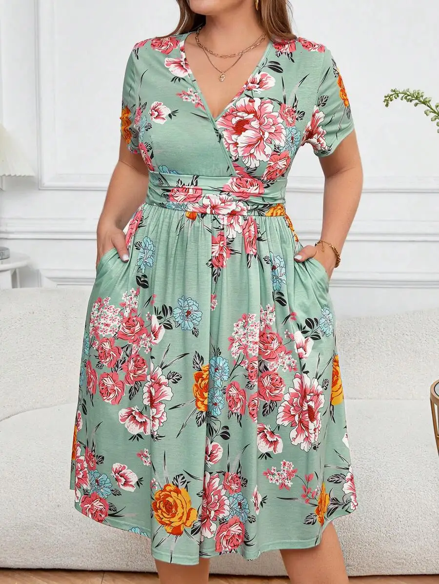 Plus Size Womens Floral Wrap Dress with Pockets 6 | PricZone Plus Size Womens Floral Wrap Dress with Pockets 6 | PricZone