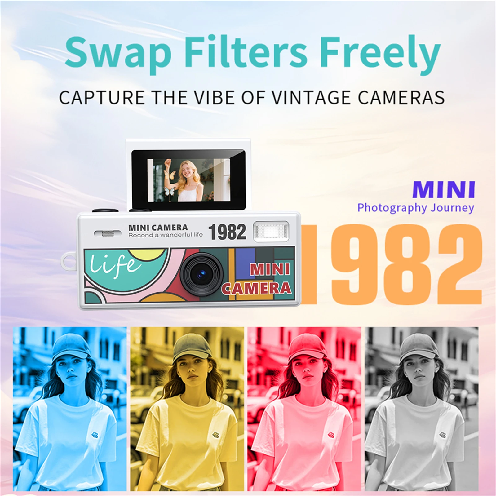 Advertisement poster for a Mini Camera product featuring a retro camera and bold text 'Swap Filters Freely' with 'Capture the Vibe of Vintage Cameras' subtitle and colorful filters of a model.