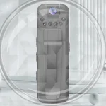 Back view of a gray smartphone with six camera lenses and a central sensor set against a light abstract background | PricZone