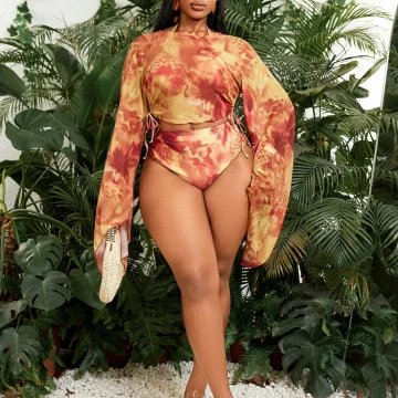 Vibrant Orange Abstract Print Plus Size Sheer Swimwear Set 2