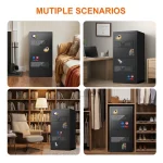 HeavyDuty Large Capacity Safe with Hidden Knob and Dual 2 | PricZone Tall black safe with stickers in a living room beside a fireplace and cozy seating area | PricZone