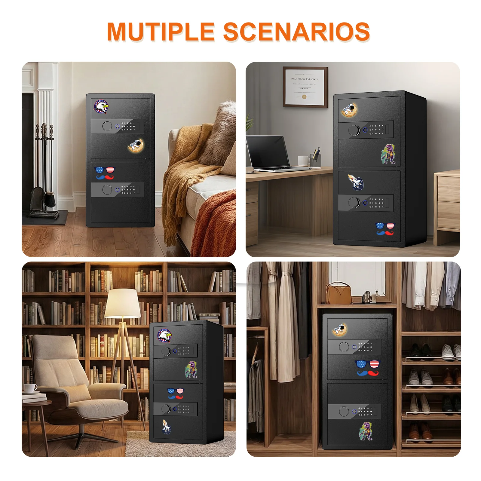 HeavyDuty Large Capacity Safe with Hidden Knob and Dual 2 | PricZone Tall black safe with stickers in a living room beside a fireplace and cozy seating area | PricZone