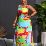 Plus Size Color Block Spaghetti Strap Loose Maxi Dress 5 | PricZone