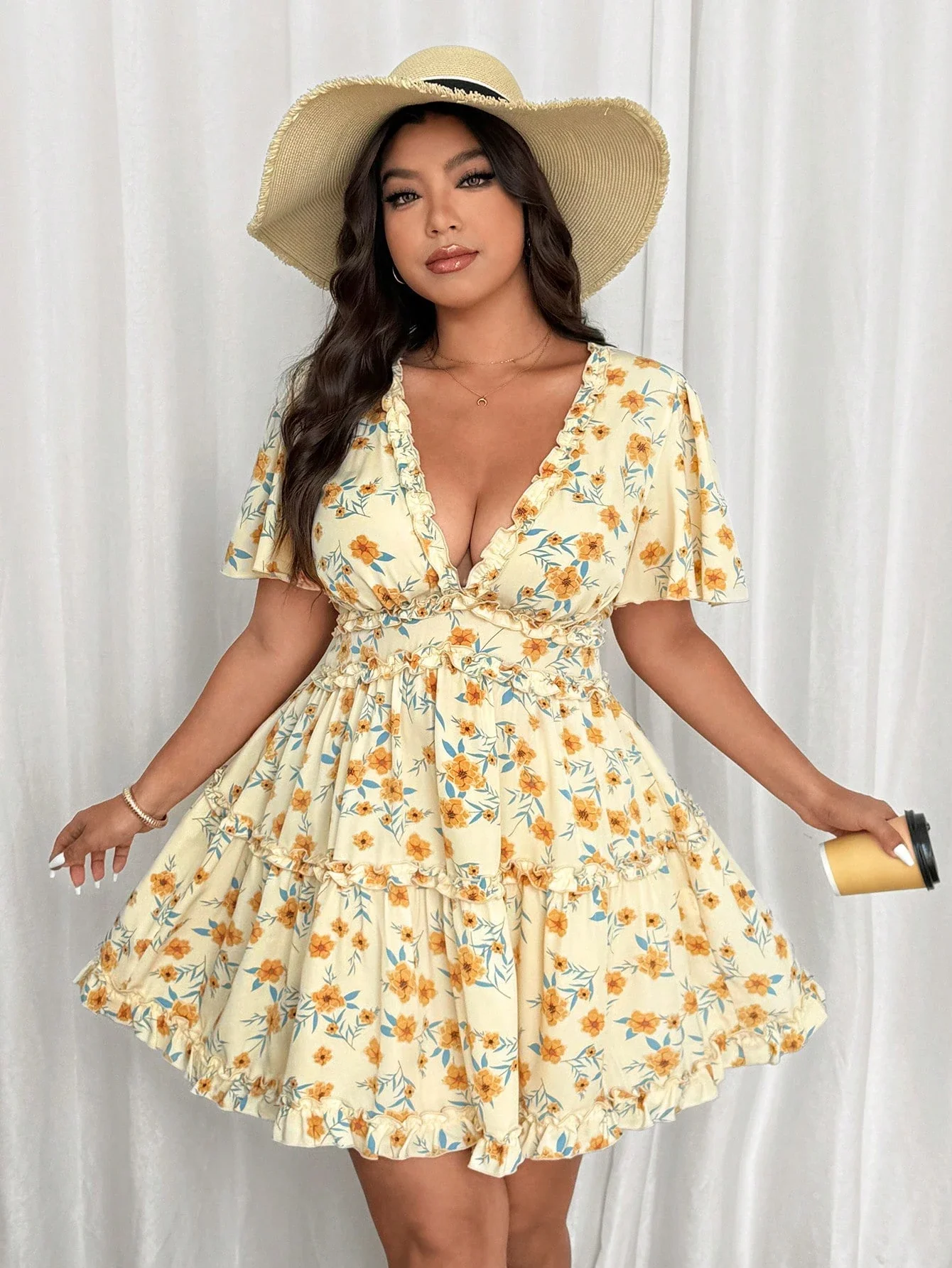 Plus Size Women Summer Chiffon Floral Ruffle Sleeve Mini 3 | PricZone Plus Size Women Summer Chiffon Floral Ruffle Sleeve Mini 3 | PricZone
