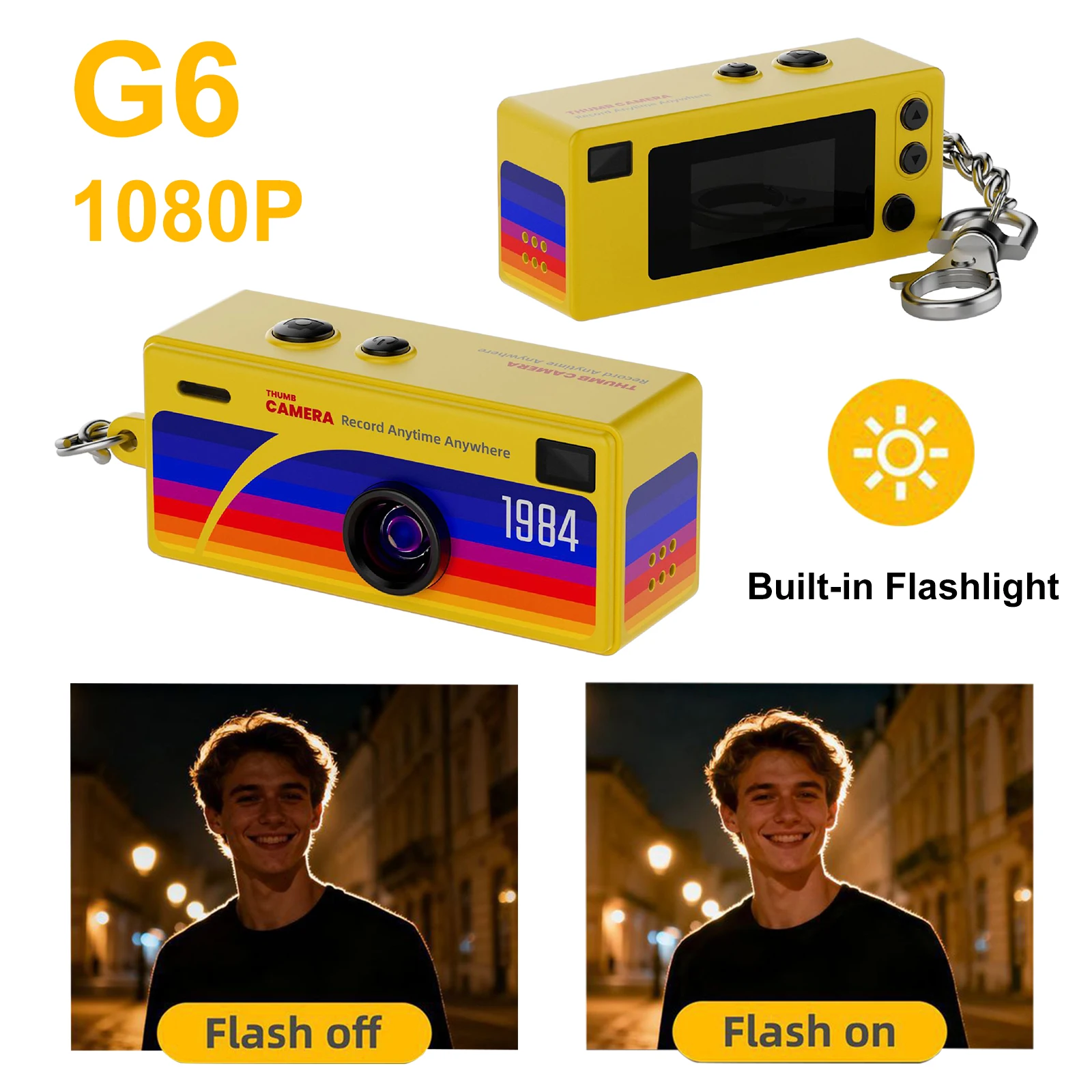 Two yellow retro cameras with rainbow stripes showing 'G6 1080P' and 'Built-in Flashlight' text, with a keychain.