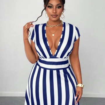 Plus Size Women's Summer Striped Maxi Dress 1