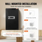 Wall safe installation guide with step by step illustrations beside a black safe on a wooden table | PricZone