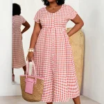 Boho Plus Size V Neck Gingham Long Summer Dress 2 | PricZone