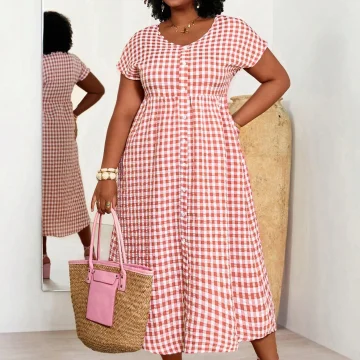 Boho Plus Size V-Neck Gingham Long Summer Dress 2