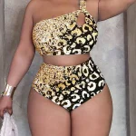 Gold Leopard Print Halter Bikini Set 3 | PricZone Woman wearing a gold and black leopard print one shoulder bikini with a small cutout posing head to toe | PricZone