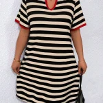 Plus Size Striped V Neck Dress with Red Trim 2 | PricZone