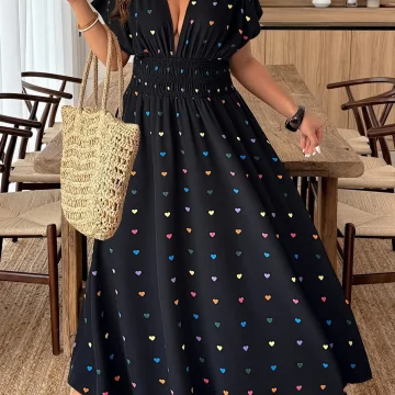 Plus Size Heart Print V-Neck Maxi Dress with High Slit 2