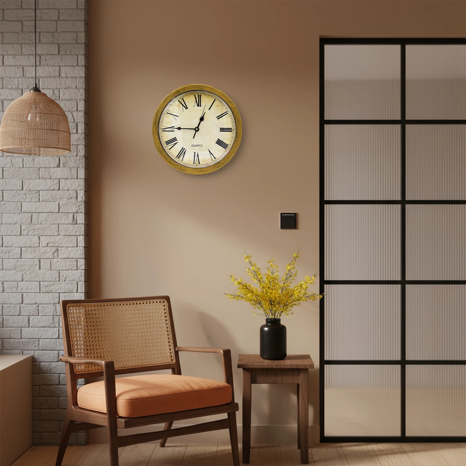 Cozy corner with a round vintage clock on a brown wall, a wicker pendant light, a woven chair, and a small table with yellow flowers.