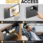 collage style infographic showing how to use a wall safe magnetic frame lockable compartment and steps 14 remove frame open lock place valuables relax | PricZone