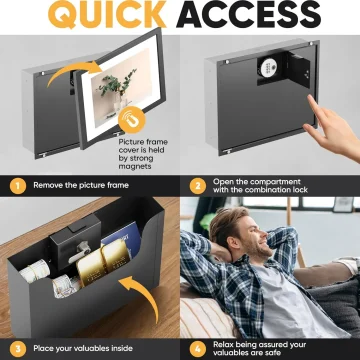 collage style infographic showing how to use a wall safe magnetic frame lockable compartment and steps 14 remove frame open lock place valuables relax | PricZone