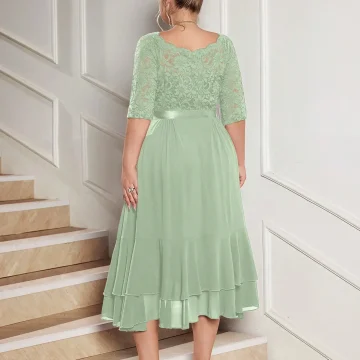 Plus Size Floral Lace Chiffon Cocktail Dress with Ruffle Hem 1 | PricZone