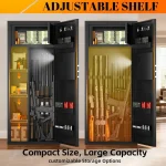 Two black gun safes open and filled with rifles ammo and accessories with an orange ADJUSTABLE SHELF banner above | PricZone