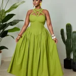 Plus Size Flowy Spaghetti Strap Hollow Out Green Dress 4 | PricZone