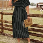 Plus Size Women Striped Pocket Midi Summer Dress 2 | PricZone