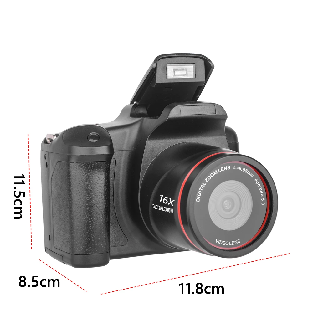Black digital camera with 16x zoom lens; dimensions: 11.8 cm wide, 11.5 cm tall, 8.5 cm deep.