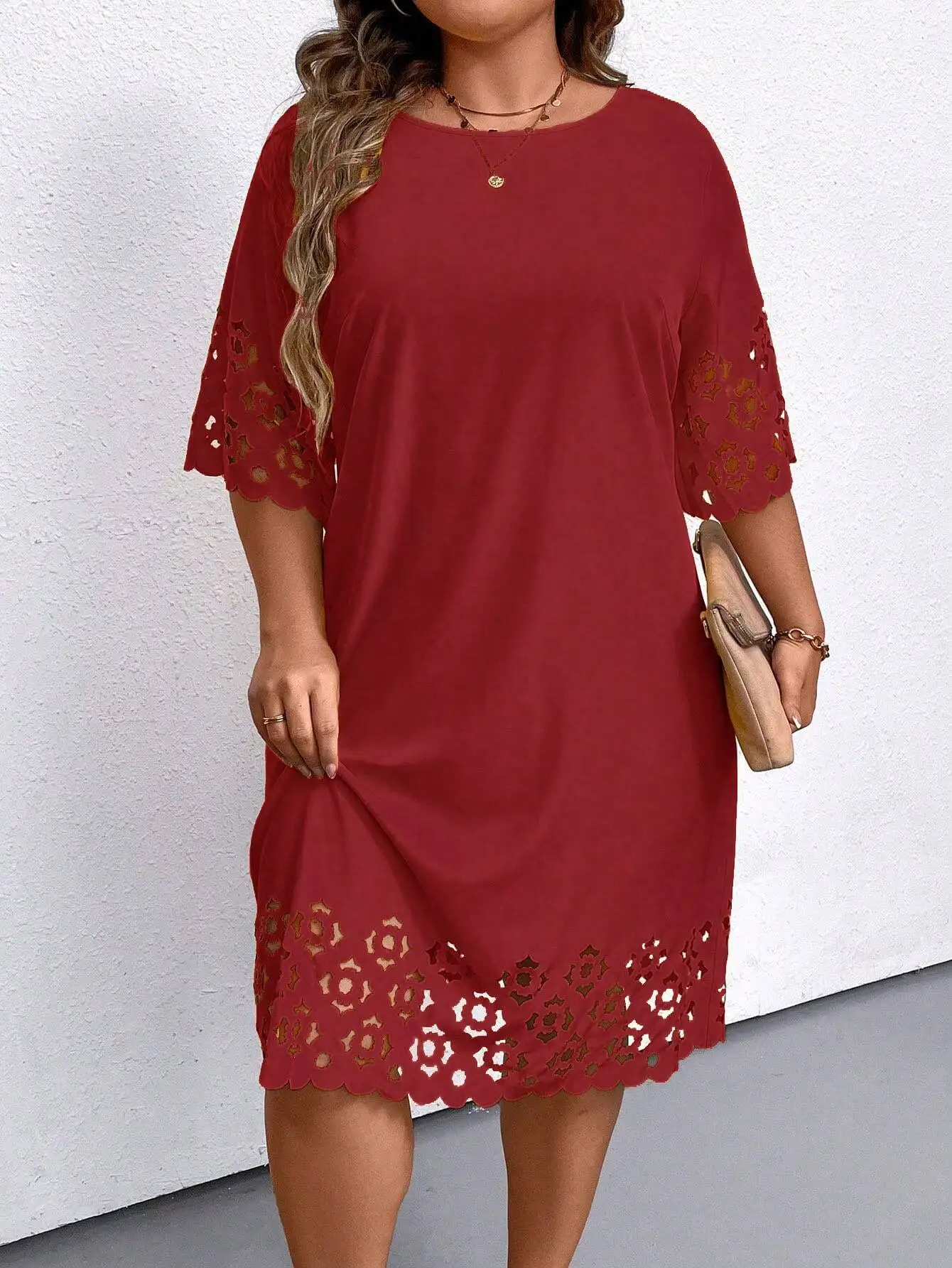 Plus Size Burgundy Hollow Out Summer Dress 4 | PricZone Plus Size Burgundy Hollow Out Summer Dress 4 | PricZone