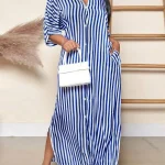 Plus Size Striped Shirt Dress with Side Slit 5 | PricZone Plus Size Striped Shirt Dress with Side Slit 5 | PricZone