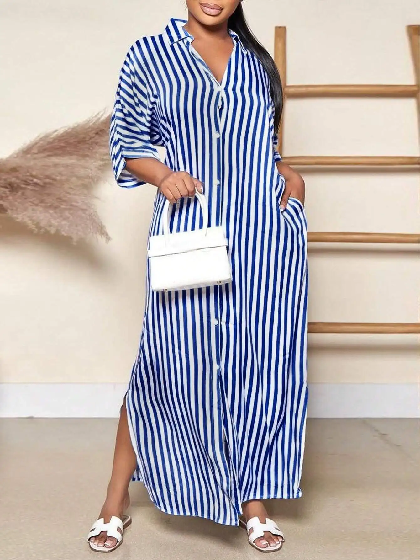 Plus Size Striped Shirt Dress with Side Slit 5 | PricZone Plus Size Striped Shirt Dress with Side Slit 5 | PricZone