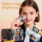 Young girl holding a colorful mini camera with large orange text saying Built in High Brightness Flash in the background product collage theme | PricZone