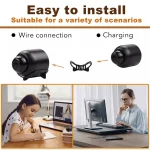 1080P HD WiFi Wireless Night Vision Home Security Camera 2 | PricZone Infographic showing an easy to install device with wire connection and charging shown between two usage scenes a child studying at a desk and a professional at a computer desk | PricZone