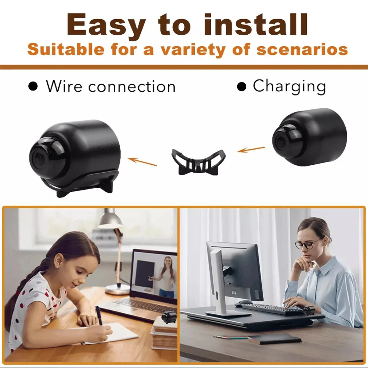 1080P HD WiFi Wireless Night Vision Home Security Camera 2 | PricZone Infographic showing an easy to install device with wire connection and charging shown between two usage scenes a child studying at a desk and a professional at a computer desk | PricZone