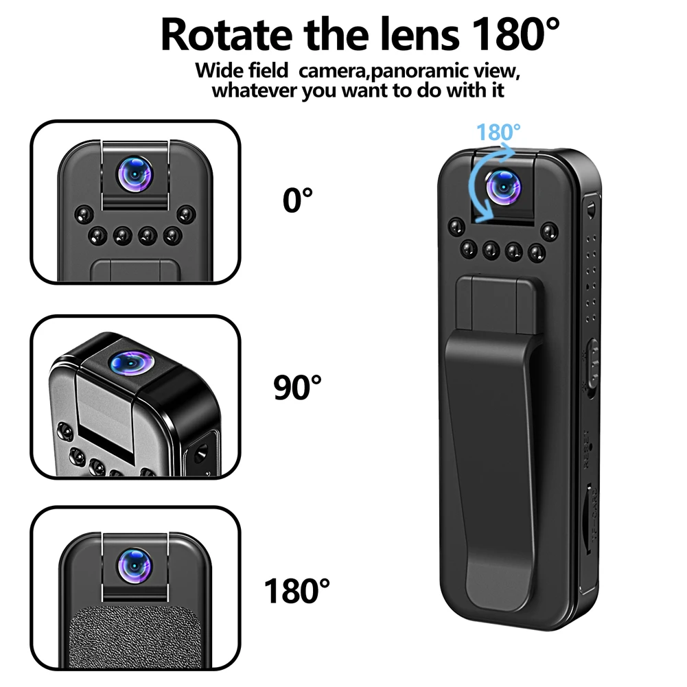 HD 1080P Miniature Body Camera with Night Vision 4 | PricZone Rotatable camera lens showing 0° 90° and 180° positions for a wide angle or panoramic view on a handheld device | PricZone