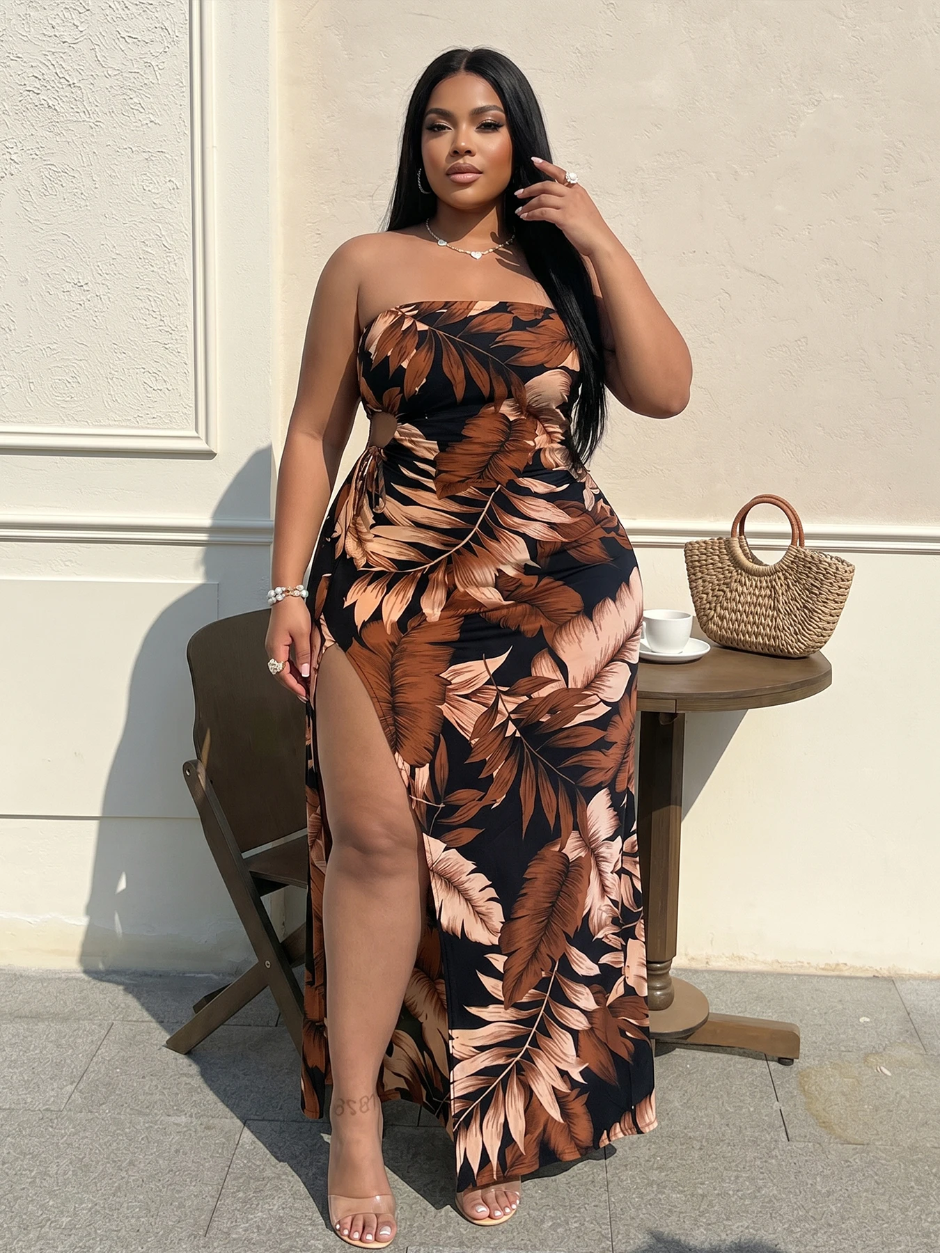 Summer Women Plus Size Maxi Dress Leaf Print High Slit 1 | PricZone Summer Women Plus Size Maxi Dress Leaf Print High Slit 1 | PricZone
